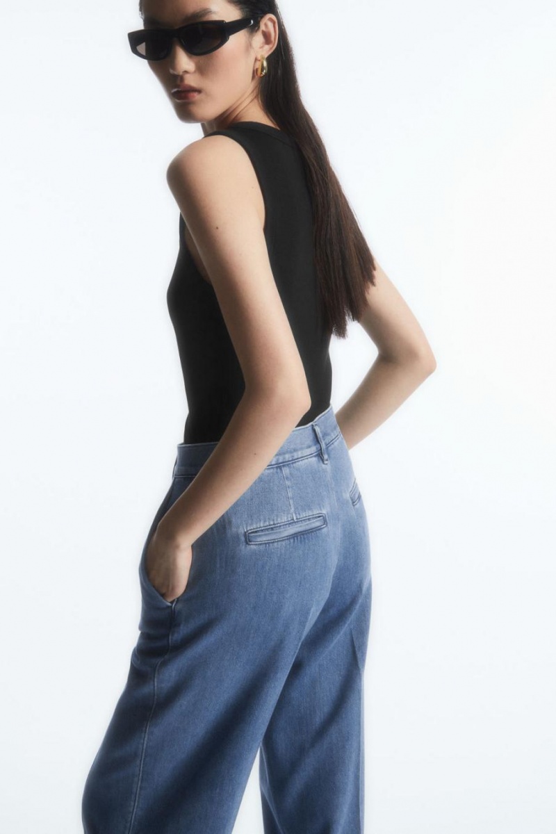 COS Egyenes-leg Denim Nadrág Női Kék | RIW-430795