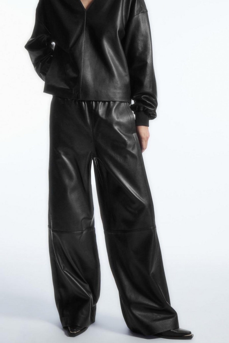 COS Egyenes-leg Elasticated Bőr Nadrág Női Fekete | OUA-074586