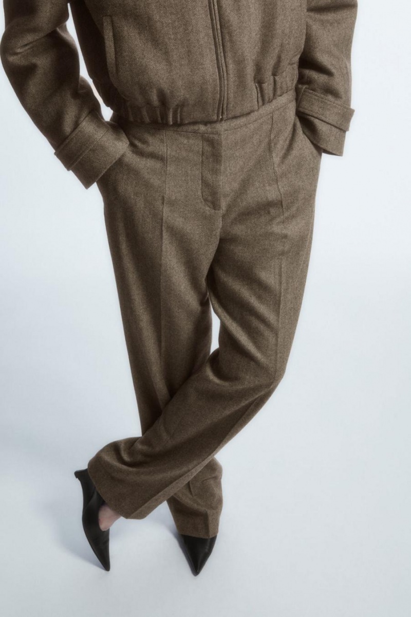 COS Egyenes-leg Gyapjú-herringbone Nadrág Női Barna | PEH-961825