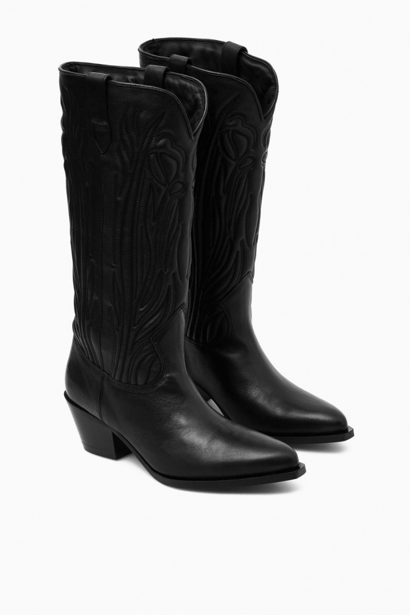 COS Embroidered Bőr Cowboy Csizma Női Fekete | BPL-451063