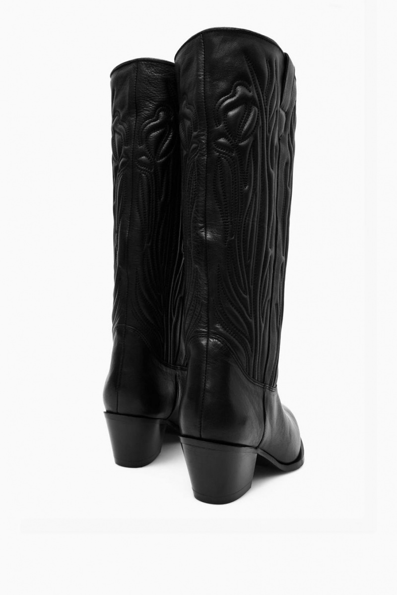 COS Embroidered Bőr Cowboy Csizma Női Fekete | BPL-451063