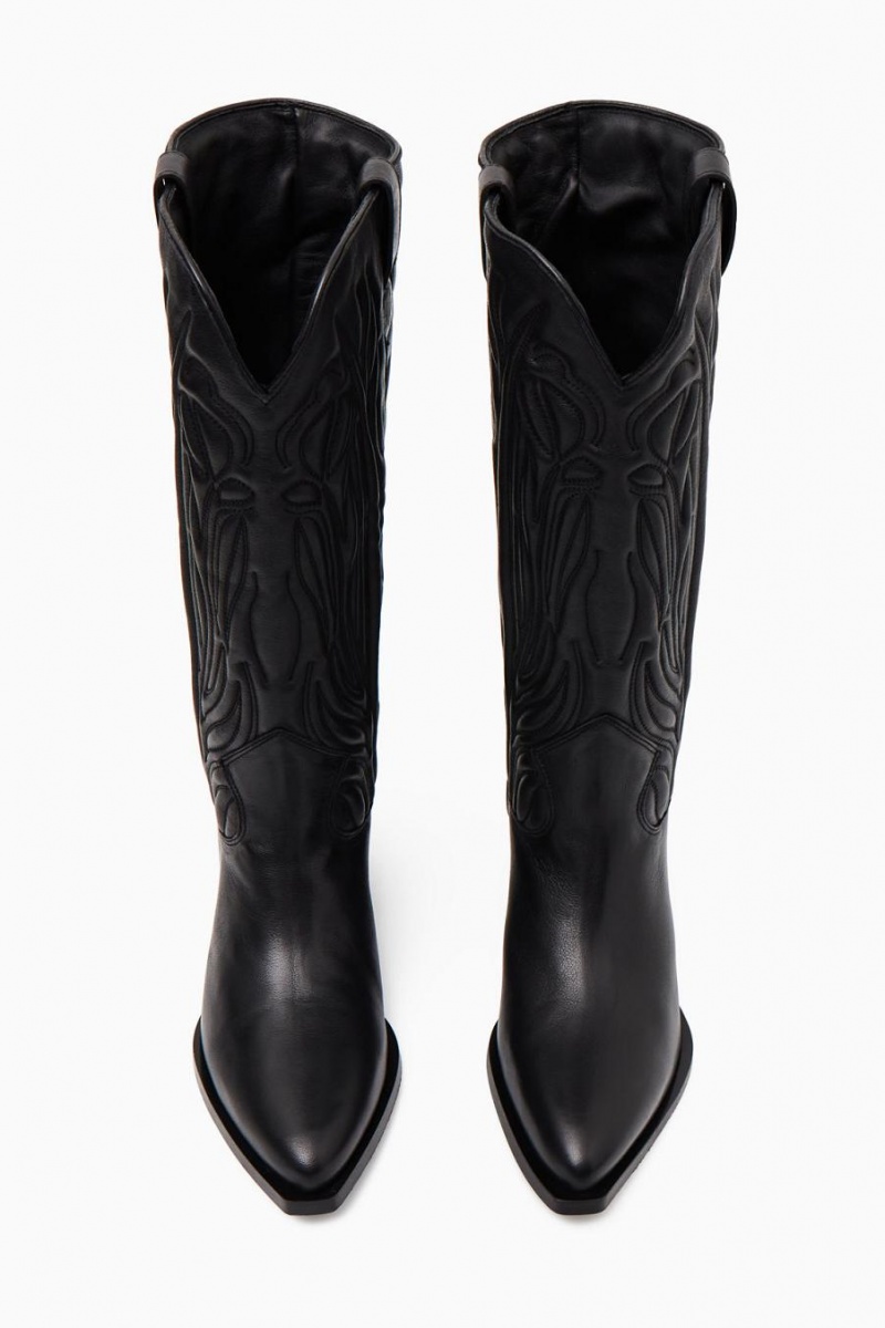 COS Embroidered Bőr Cowboy Csizma Női Fekete | BPL-451063