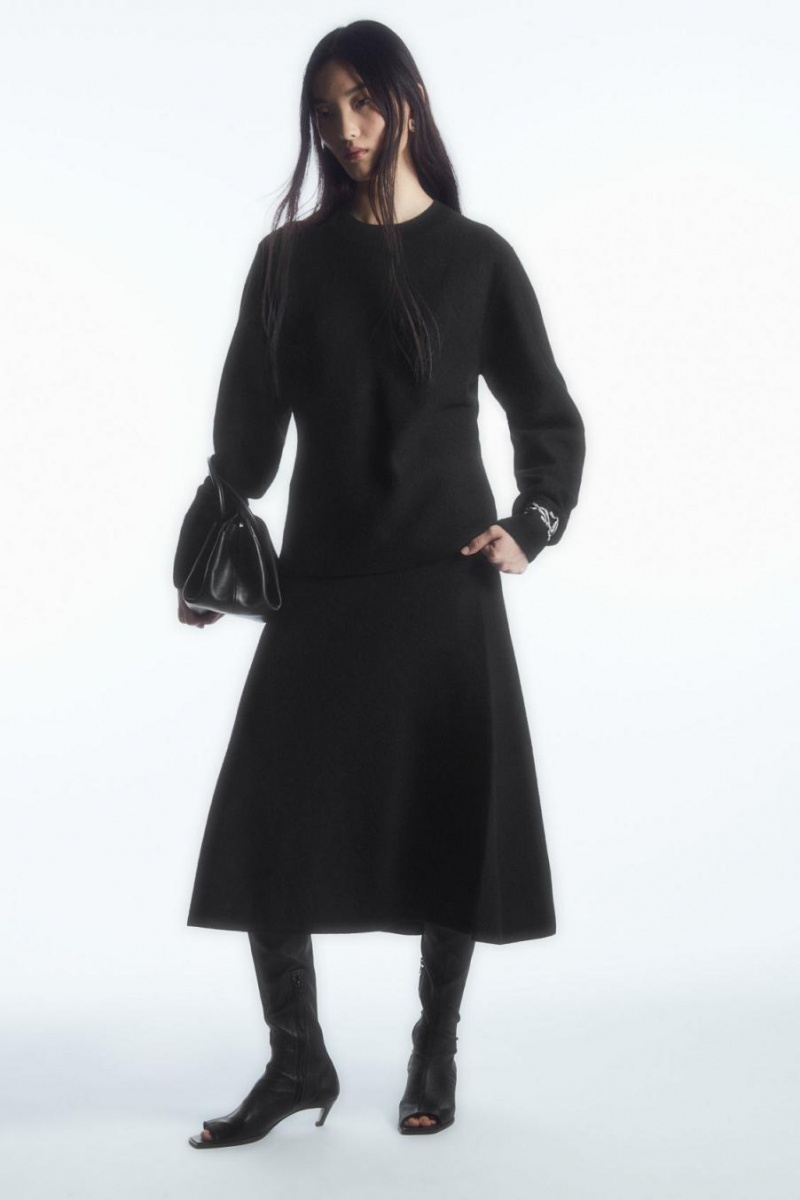 COS Flared Merino Gyapjú Midi Szoknya Női Fekete | DKI-285039