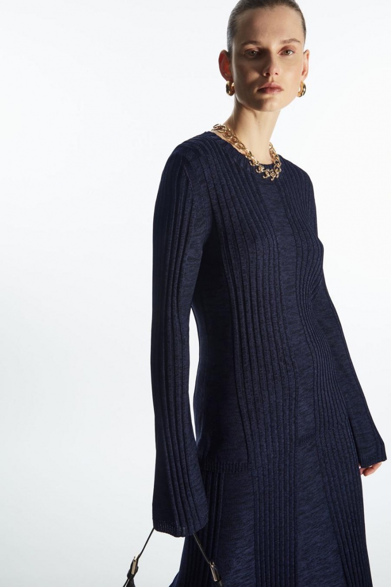 COS Flared-sleeve Bordázott-panel Felső Női Sötétkék | MIZ-572319