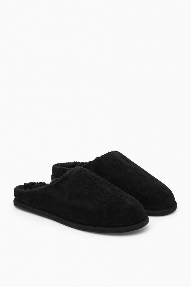 COS Fleece-lined Velúr Papucs Férfi Fekete | BAF-507618