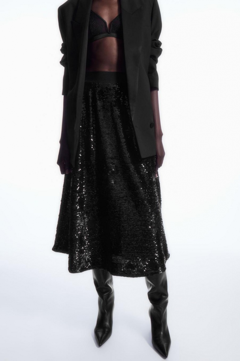 COS Floral-patterned Sequinned Midi Szoknya Női Fekete | LDH-910458