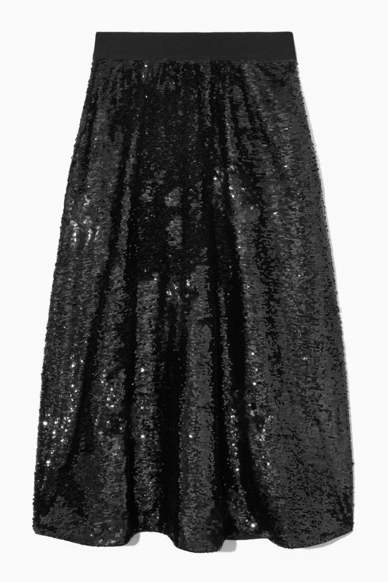 COS Floral-patterned Sequinned Midi Szoknya Női Fekete | LDH-910458