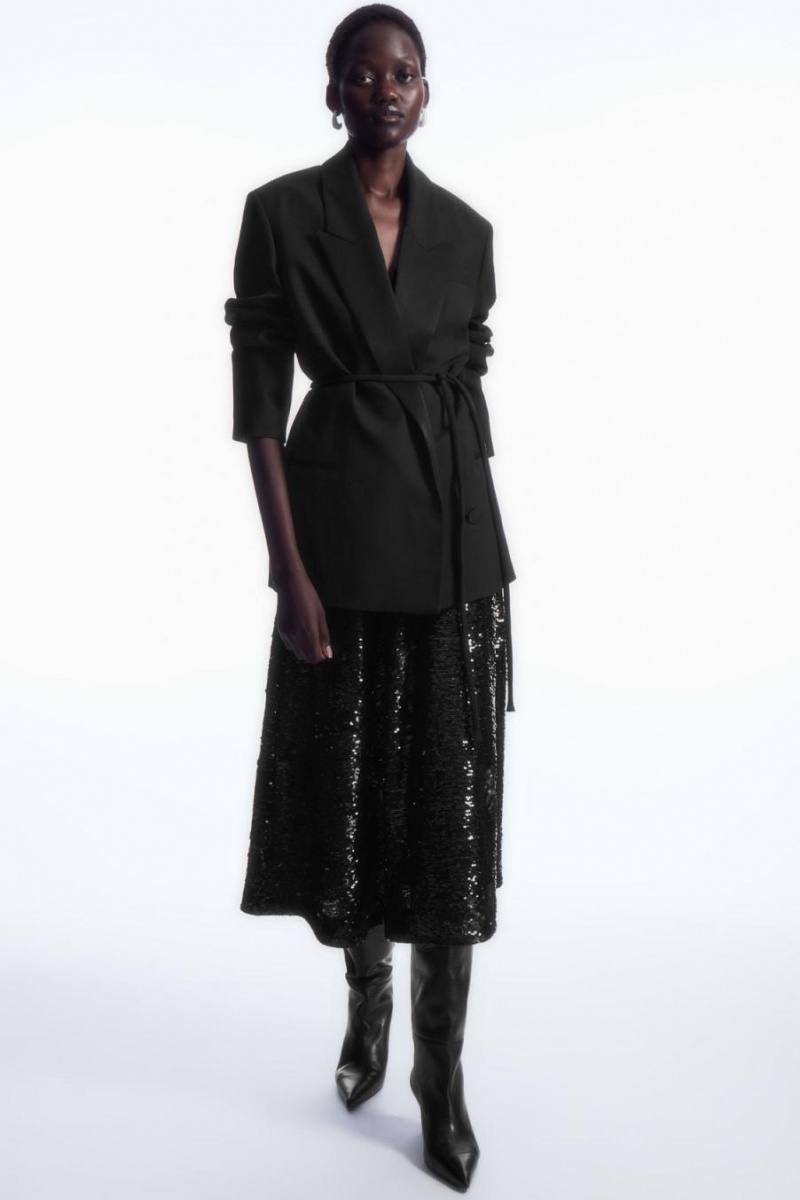 COS Floral-patterned Sequinned Midi Szoknya Női Fekete | LDH-910458