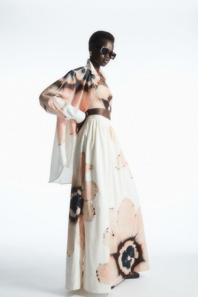COS Floral-print Beaded Maxi Szoknya Női Fehér | ABK-218975
