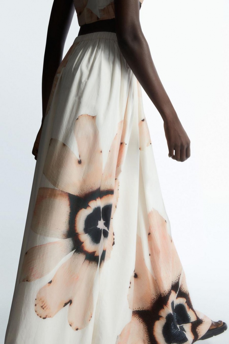 COS Floral-print Beaded Maxi Szoknya Női Fehér | ABK-218975
