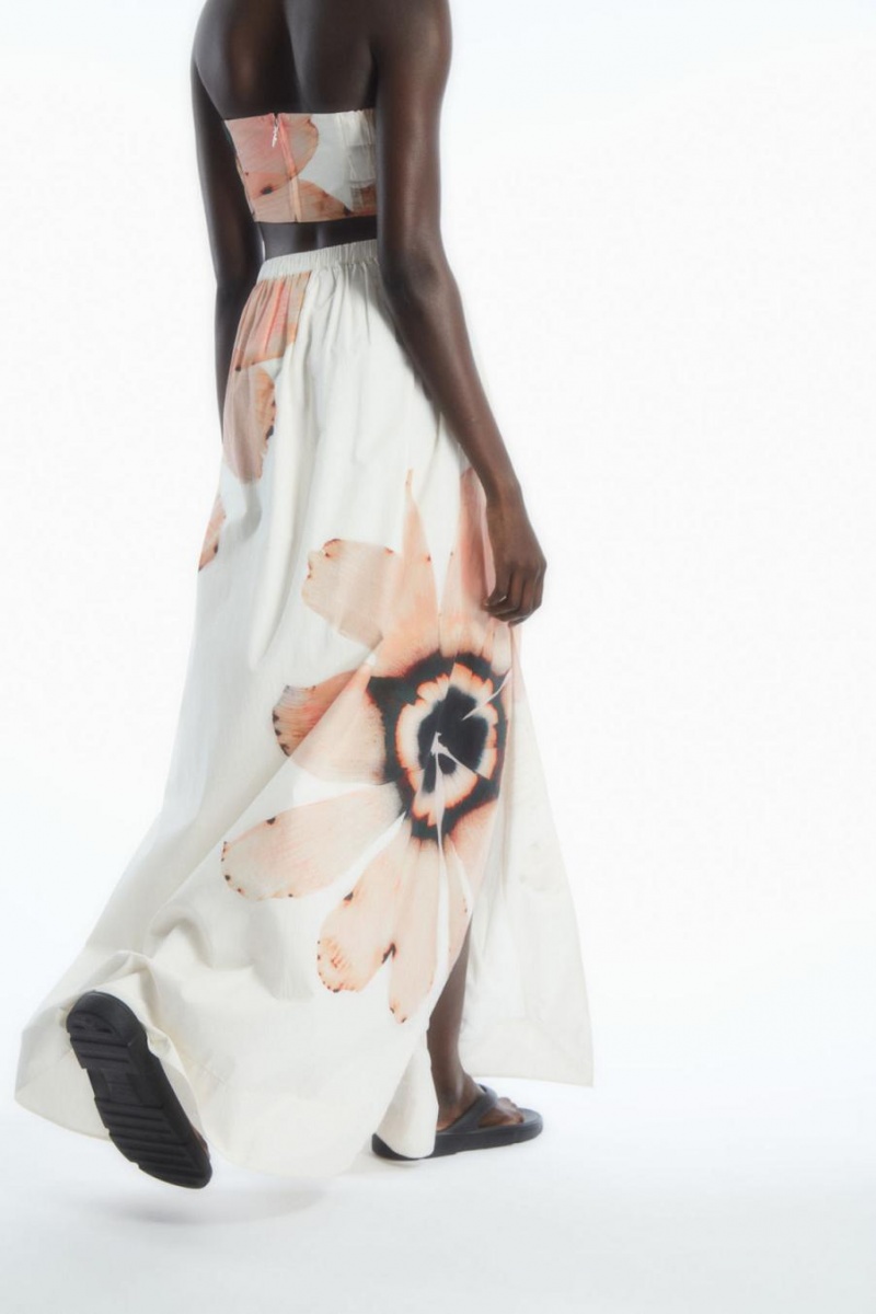 COS Floral-print Beaded Maxi Szoknya Női Fehér | ABK-218975