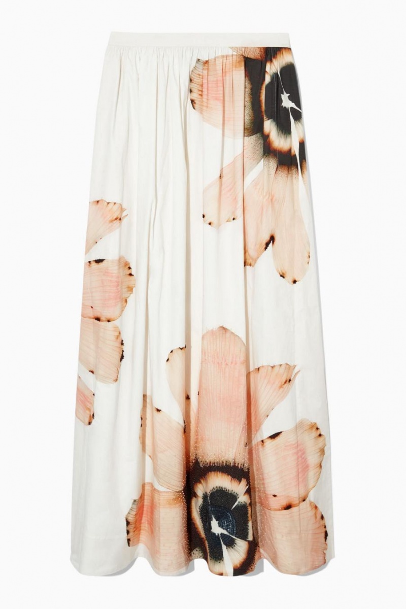 COS Floral-print Beaded Maxi Szoknya Női Fehér | ABK-218975