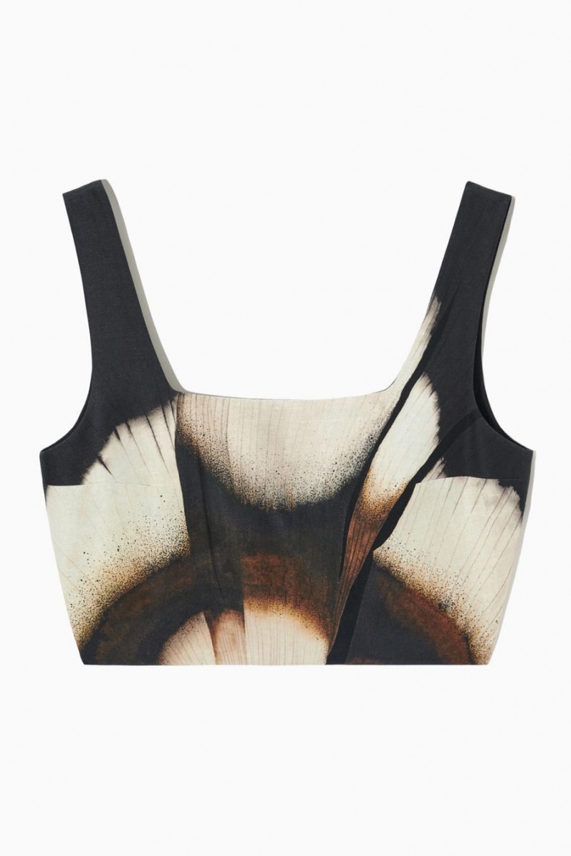 COS Floral-print Linen-blend Bustier Női Fekete | XCU-356802