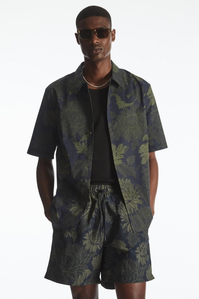COS Floral-print Nejlon Úszóruhák Férfi Sötétkék Zöld | FIG-527914