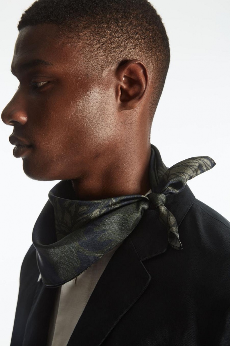 COS Floral-print Silk Neck Sál Férfi Sötétkék Zöld | VFX-910583