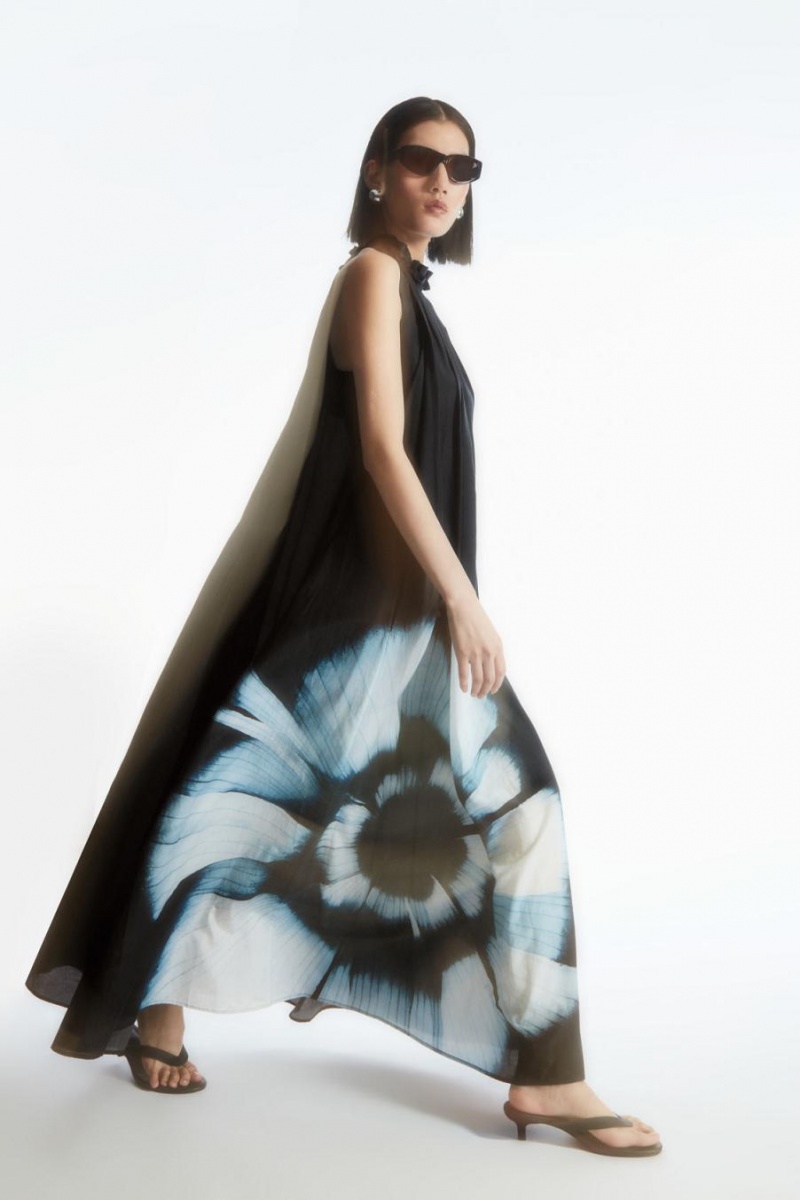 COS Floral-print Silk-blend Maxi Ruha Női Fekete | FOG-265094
