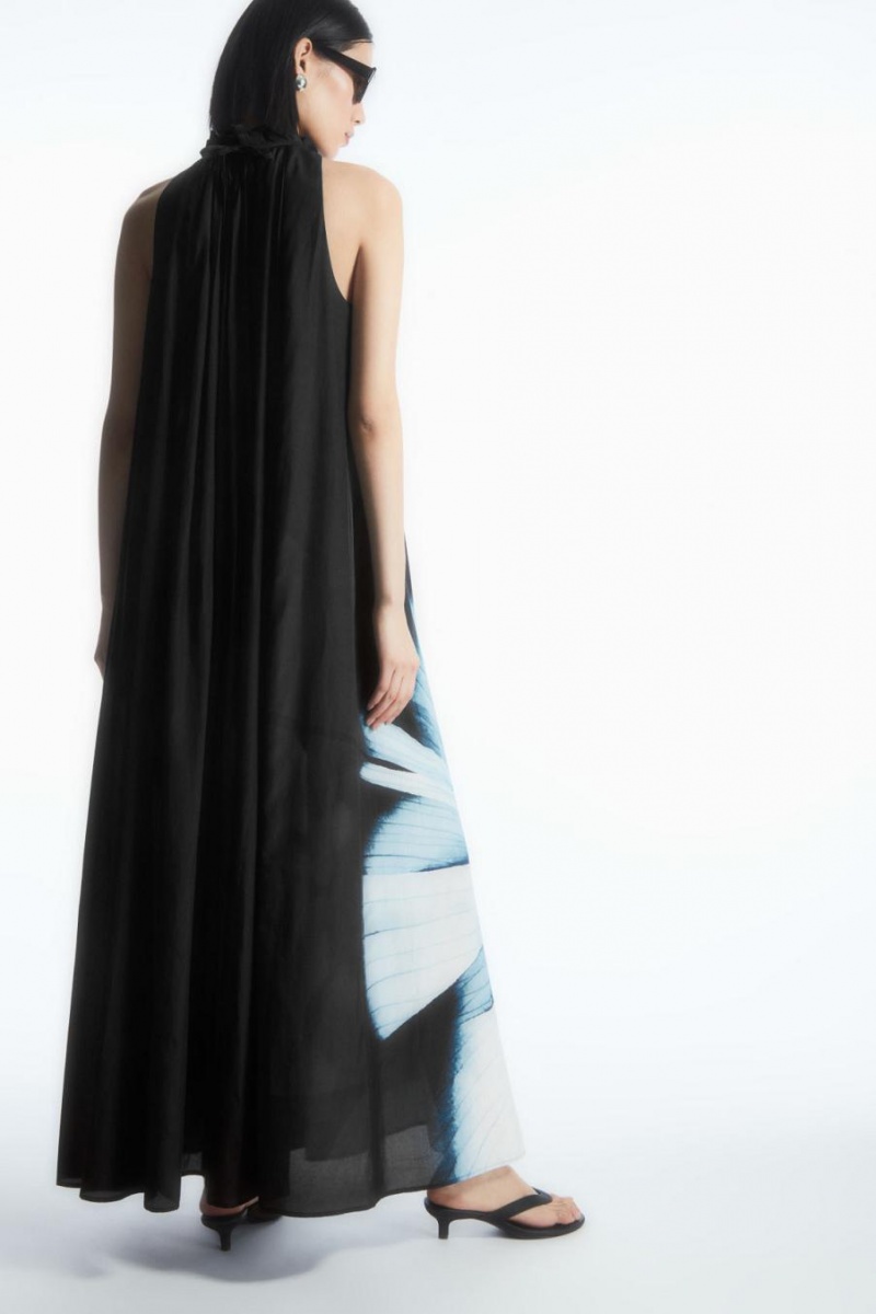 COS Floral-print Silk-blend Maxi Ruha Női Fekete | FOG-265094