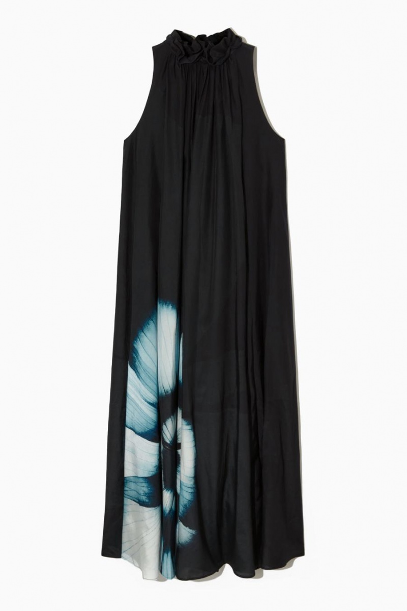 COS Floral-print Silk-blend Maxi Ruha Női Fekete | FOG-265094