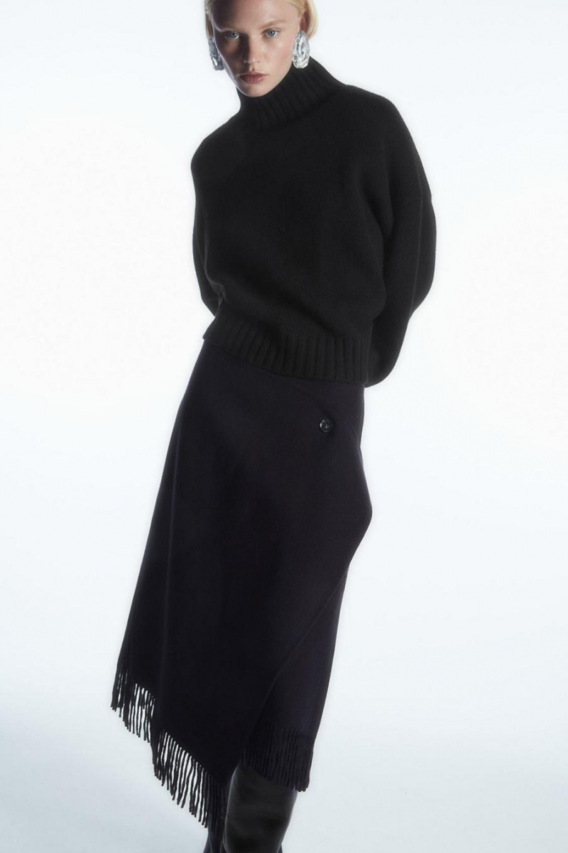 COS Fringed Gyapjú Midi Wrap Szoknya Női Sötétkék | FPQ-265987