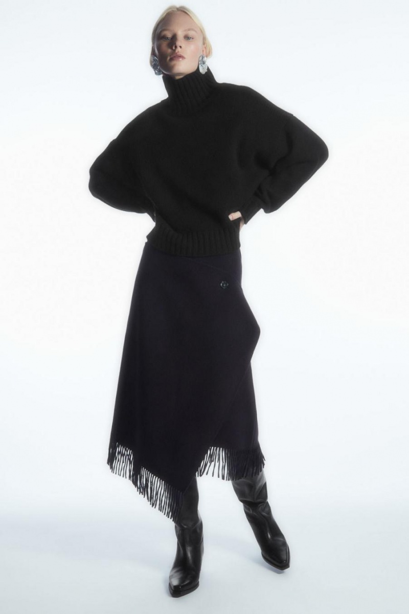 COS Fringed Gyapjú Midi Wrap Szoknya Női Sötétkék | FPQ-265987
