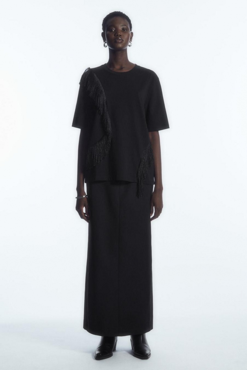 COS Fringed Jersey Póló Női Fekete | KTB-496308
