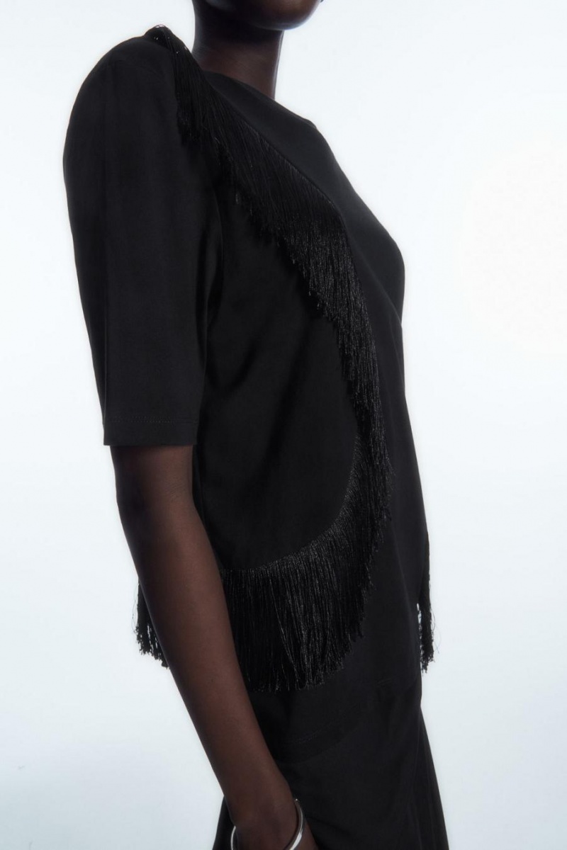 COS Fringed Jersey Póló Női Fekete | KTB-496308