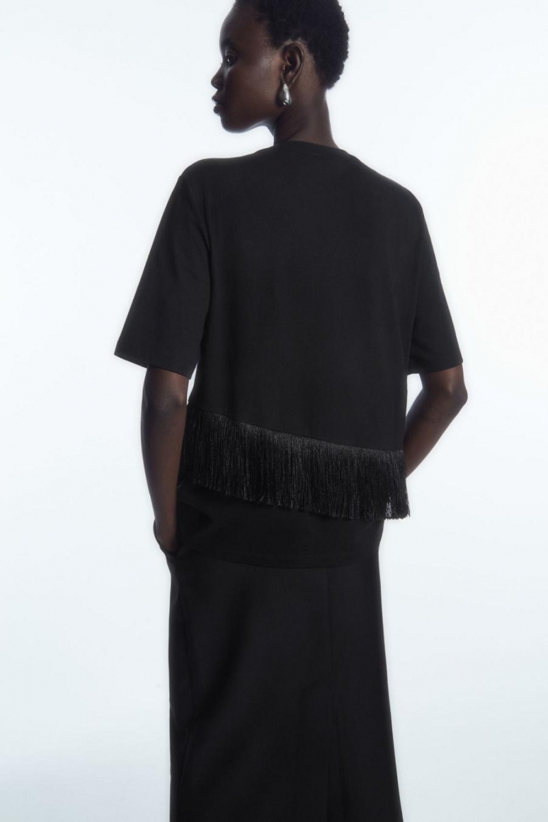 COS Fringed Jersey Póló Női Fekete | KTB-496308