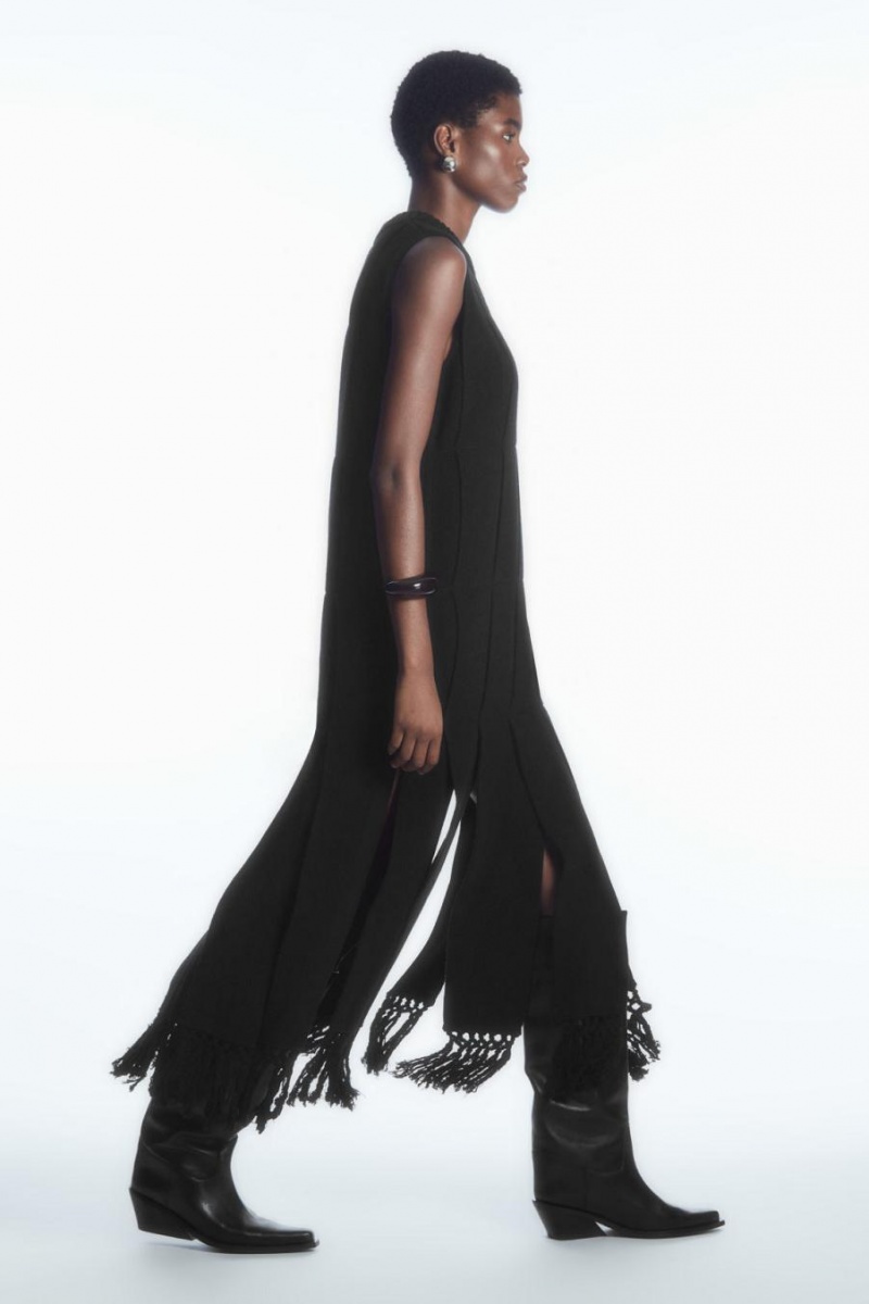 COS Fringed Panelled Gyapjú Midi Ruha Női Fekete | PFM-278640