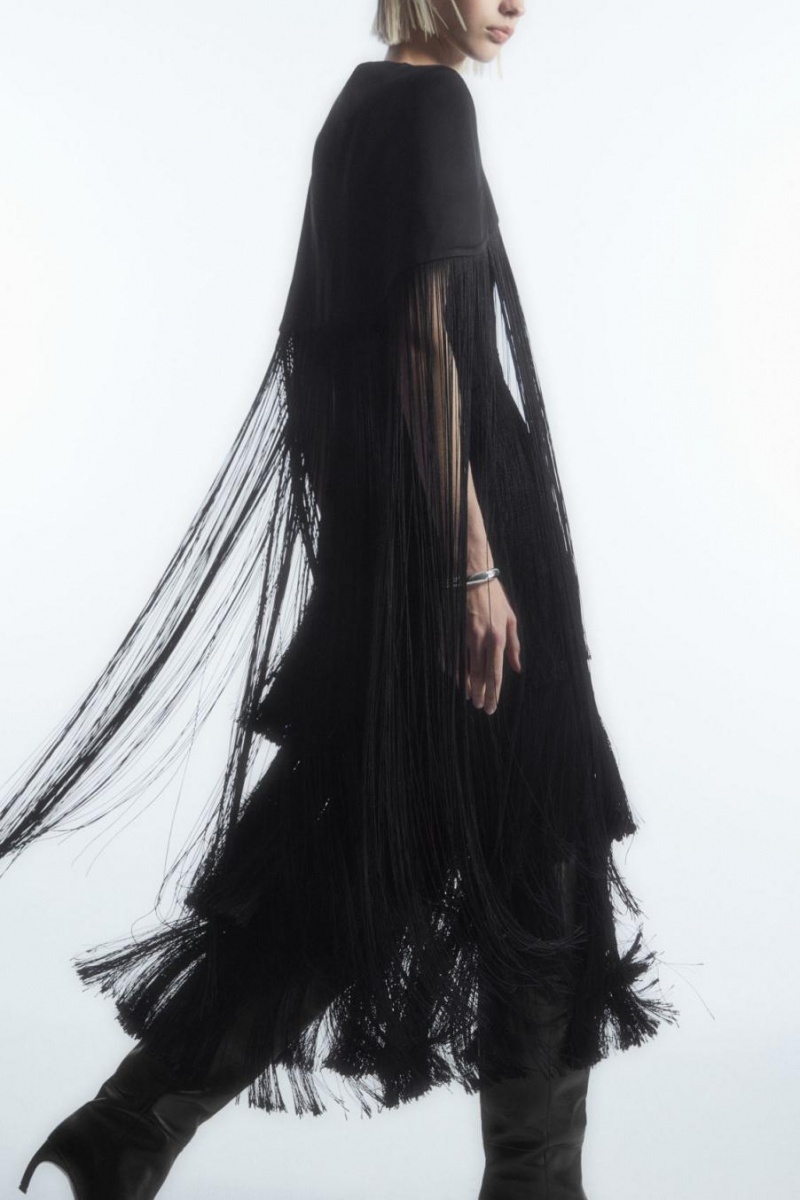 COS Fringed Tiered Midi Ruha Női Fekete | KPL-046913