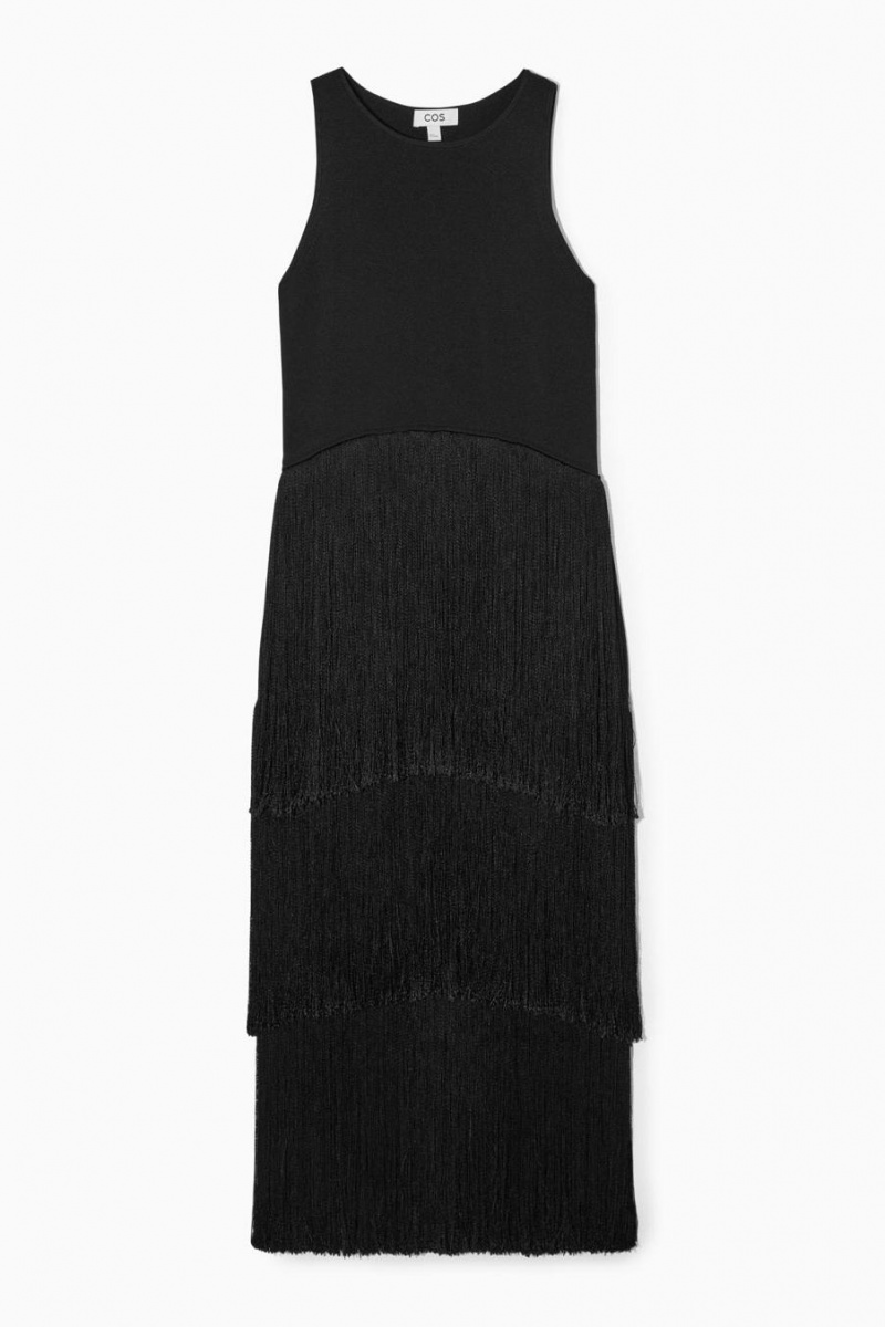 COS Fringed Tiered Midi Ruha Női Fekete | KPL-046913