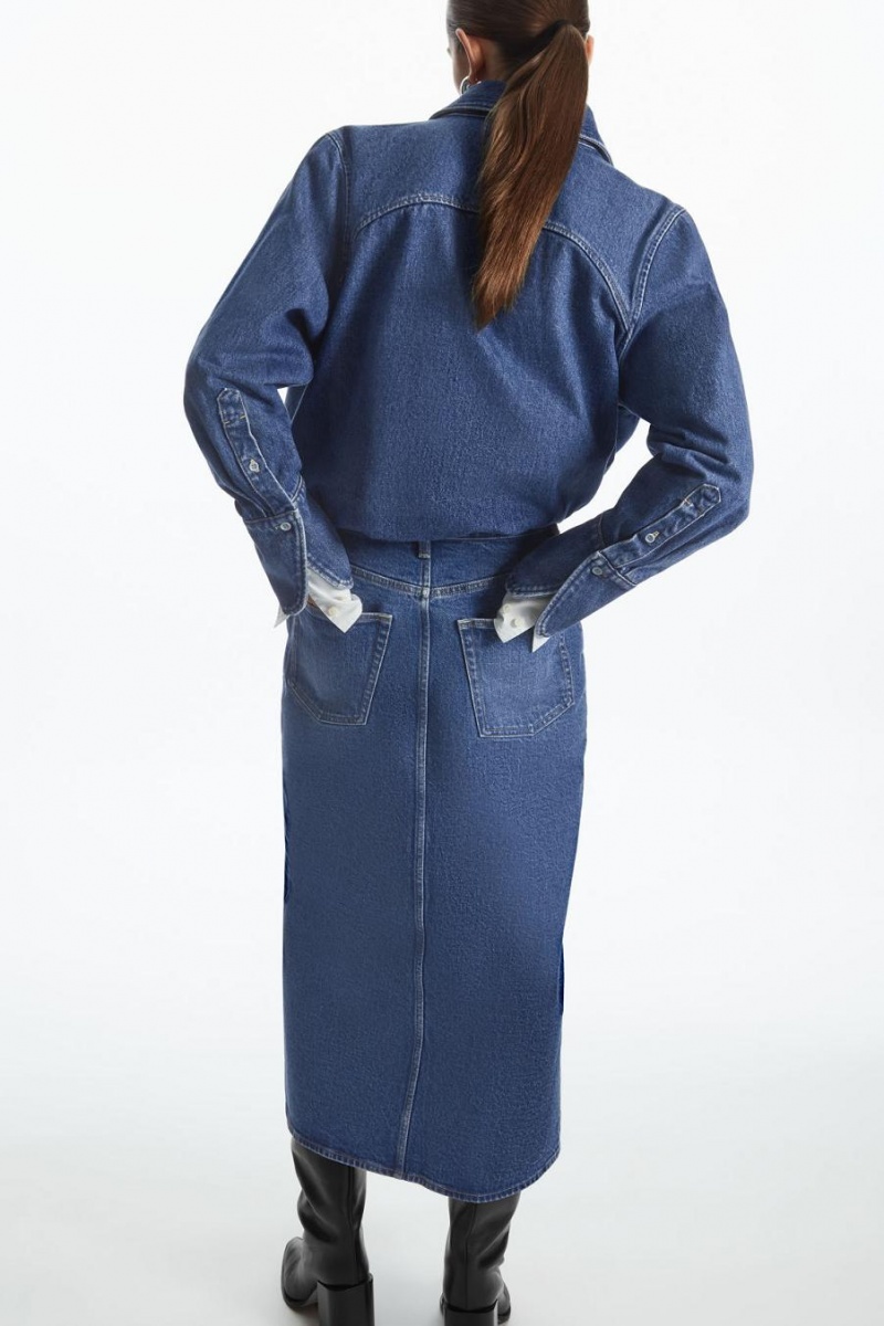 COS Front-slit Denim Midi Szoknya Női Kék | QNR-816479