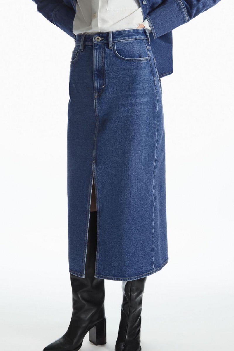 COS Front-slit Denim Midi Szoknya Női Kék | QNR-816479