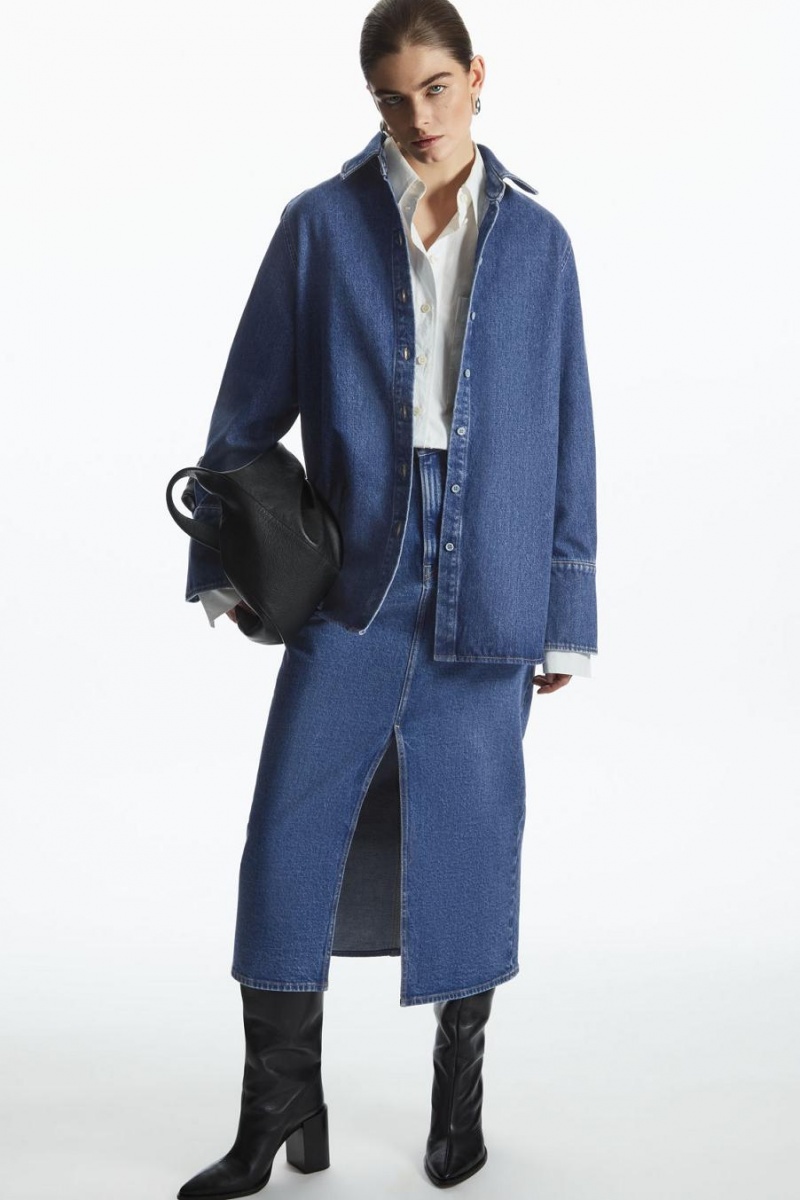 COS Front-slit Denim Midi Szoknya Női Kék | QNR-816479