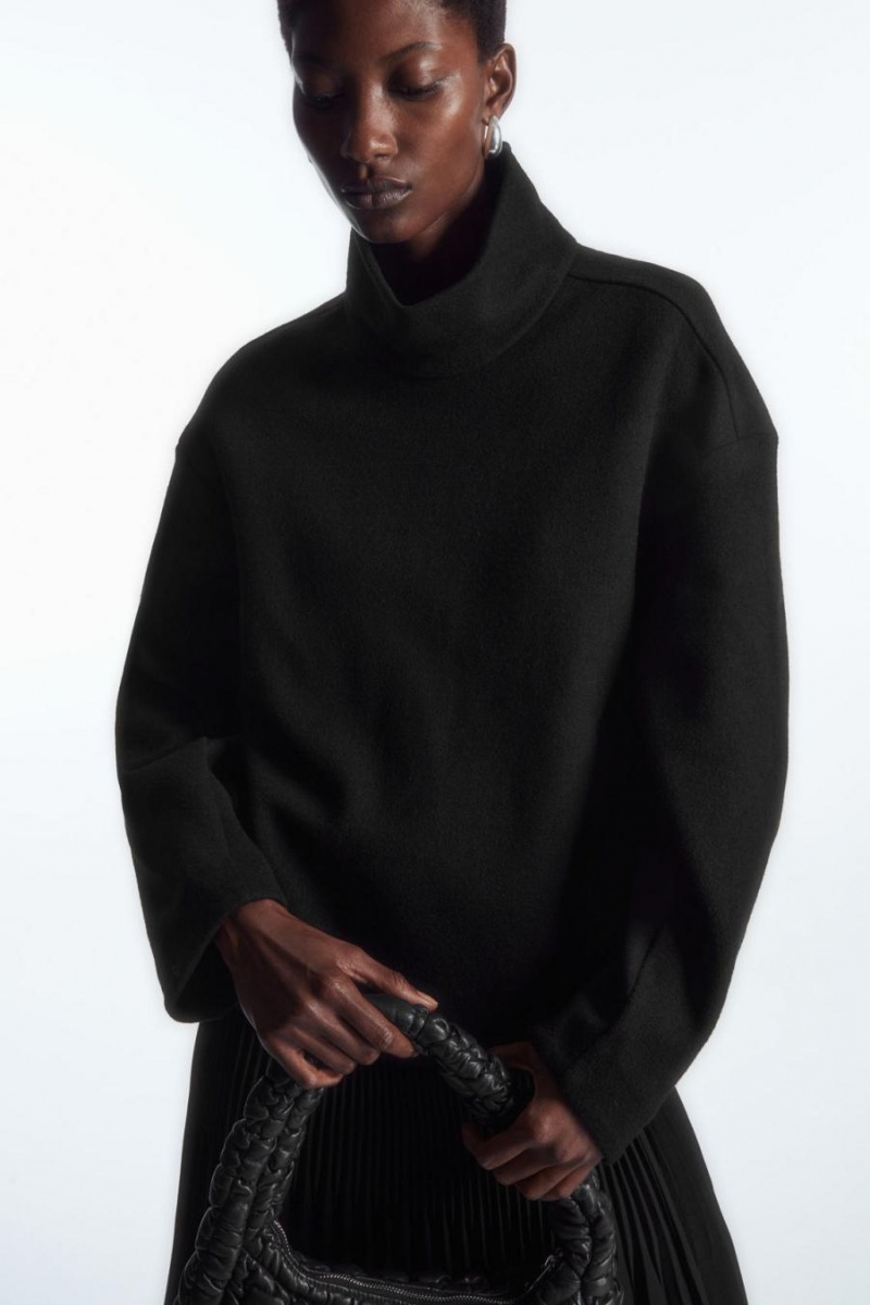 COS Funnel-neck Boiled Gyapjú Felső Női Fekete | BEM-812467
