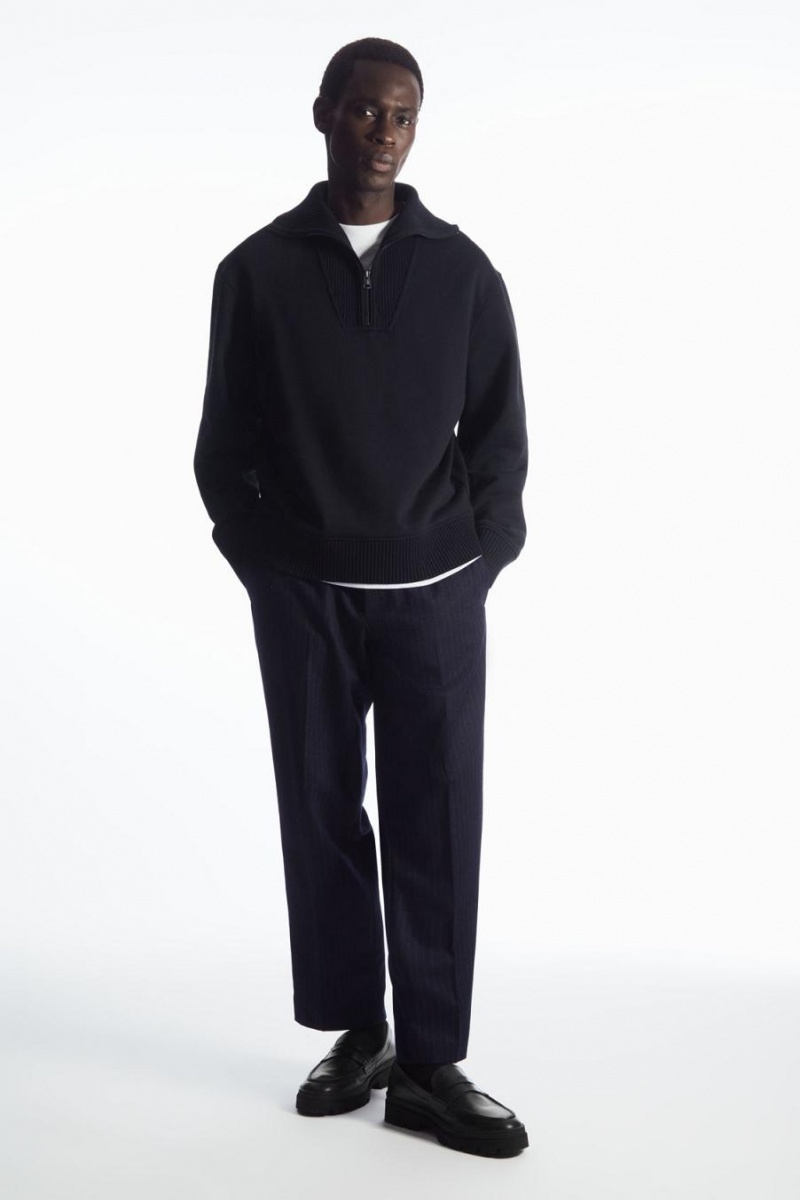 COS Funnel-neck Half-zip Pulóver Férfi Sötétkék | VRQ-962735