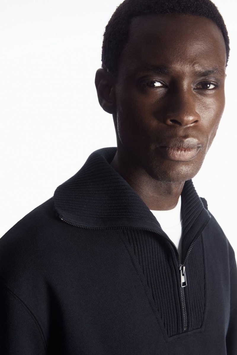 COS Funnel-neck Half-zip Pulóver Férfi Sötétkék | VRQ-962735