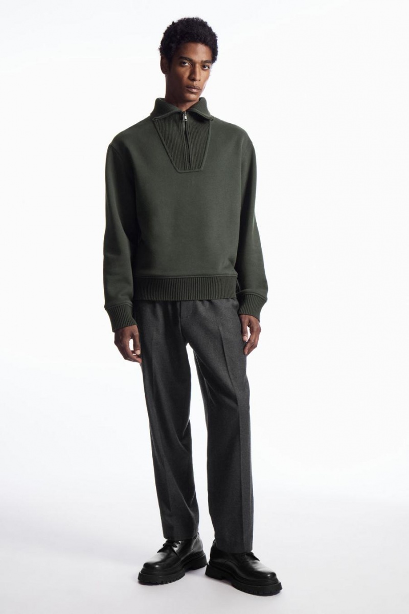COS Funnel-neck Half-zip Pulóver Férfi Sötétzöld | BUZ-478905