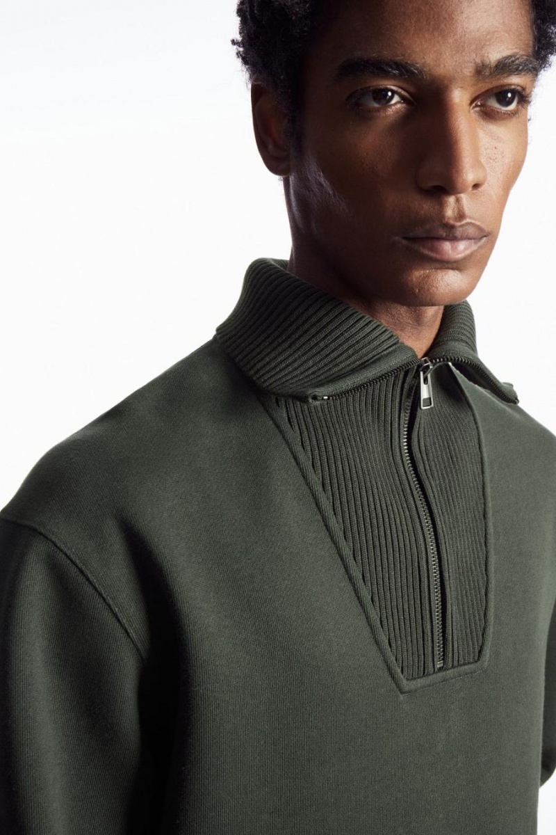 COS Funnel-neck Half-zip Pulóver Férfi Sötétzöld | BUZ-478905