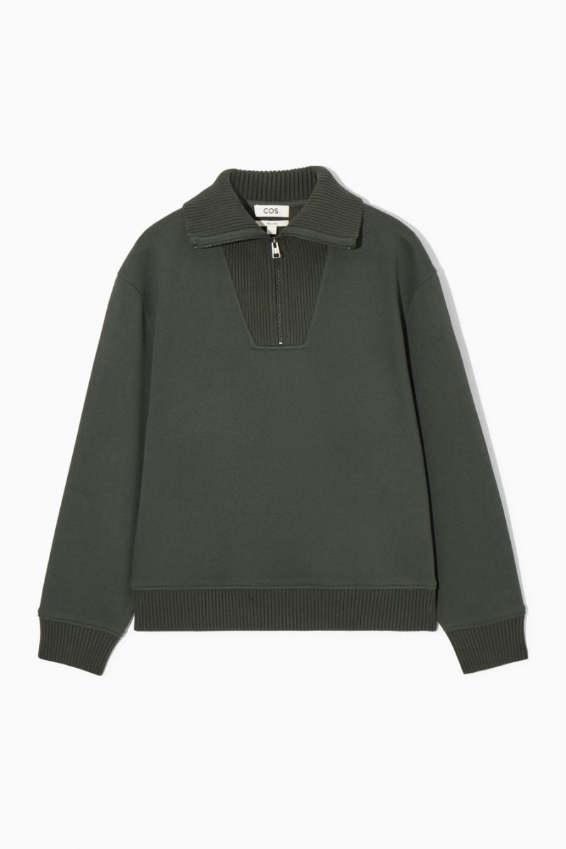 COS Funnel-neck Half-zip Pulóver Férfi Sötétzöld | BUZ-478905