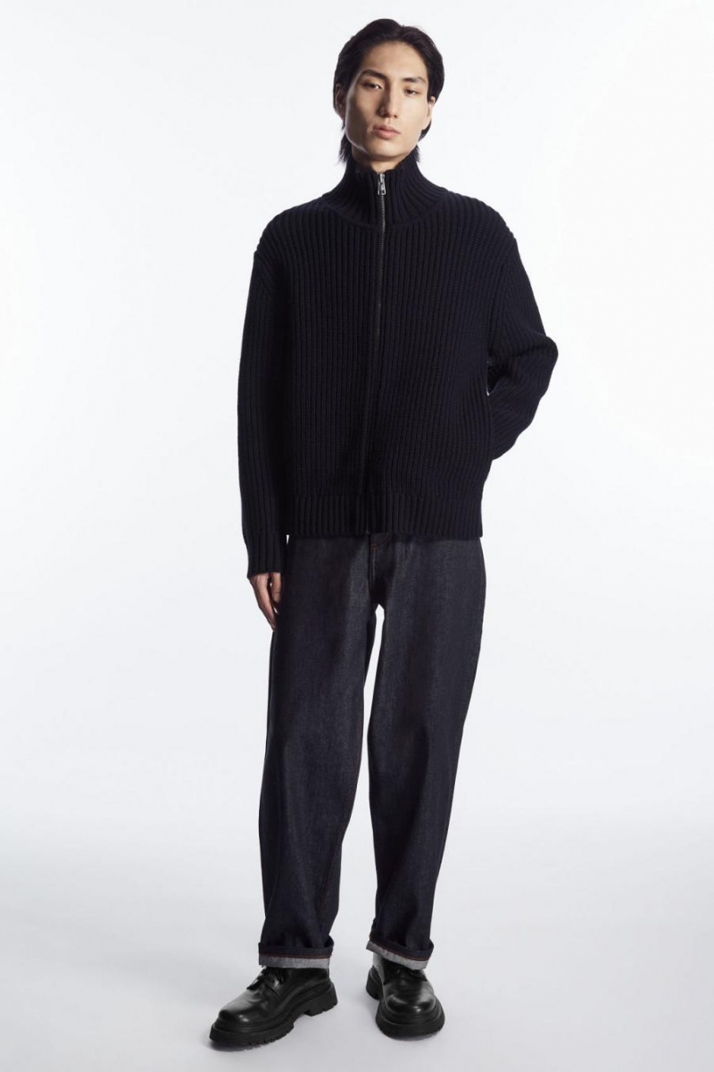 COS Funnel-neck Kötött Gyapjú Kabát Férfi Sötétkék | YRH-975041