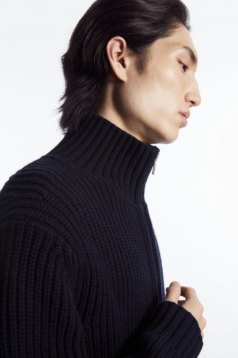 COS Funnel-neck Kötött Gyapjú Kabát Férfi Sötétkék | YRH-975041