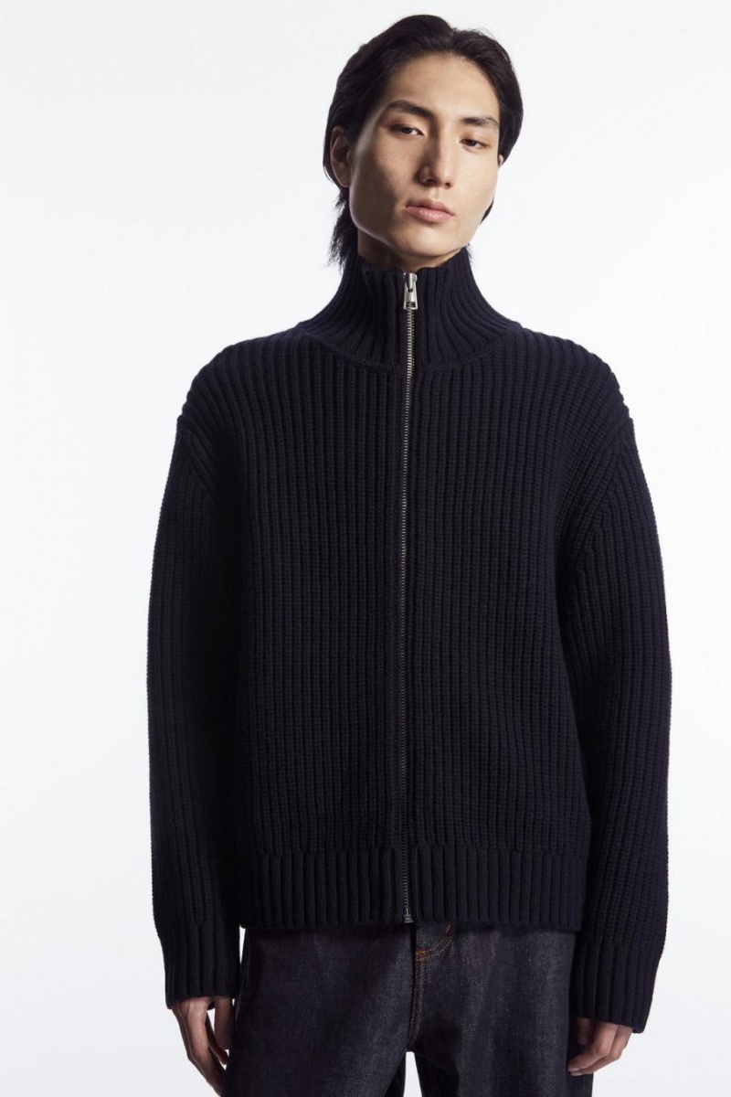 COS Funnel-neck Kötött Gyapjú Kabát Férfi Sötétkék | YRH-975041