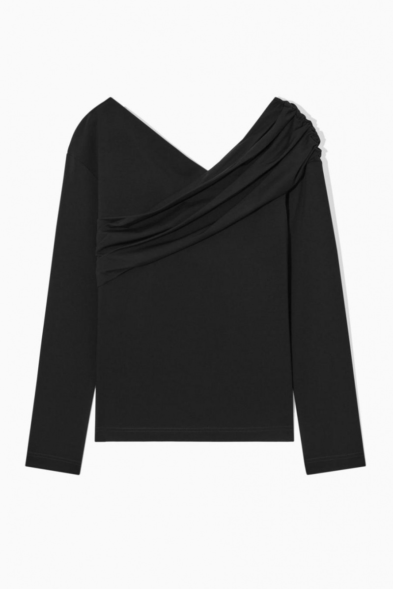 COS Gathered Off-the-shoulder Asymmetric Felső Női Fekete | DSZ-894715