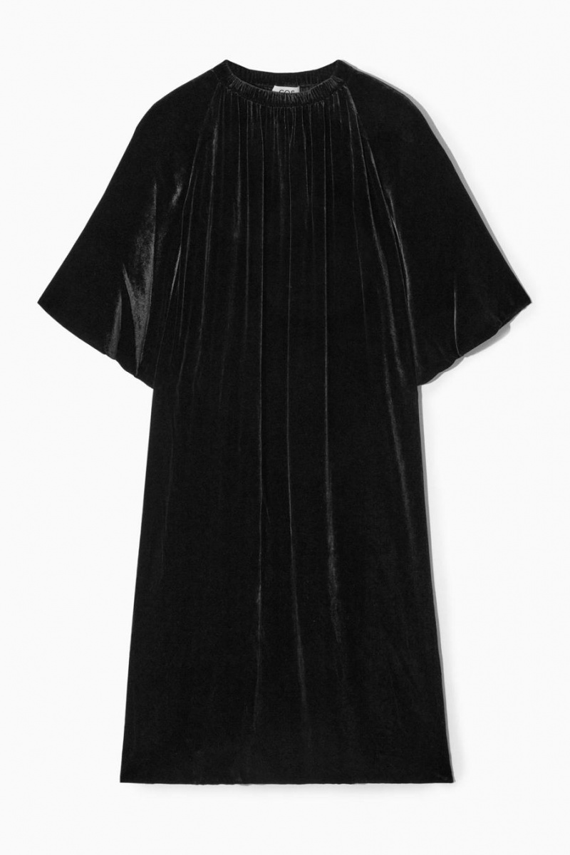 COS Gathered Silk-blend Velvet Midi Ruha Női Fekete | NMR-249856