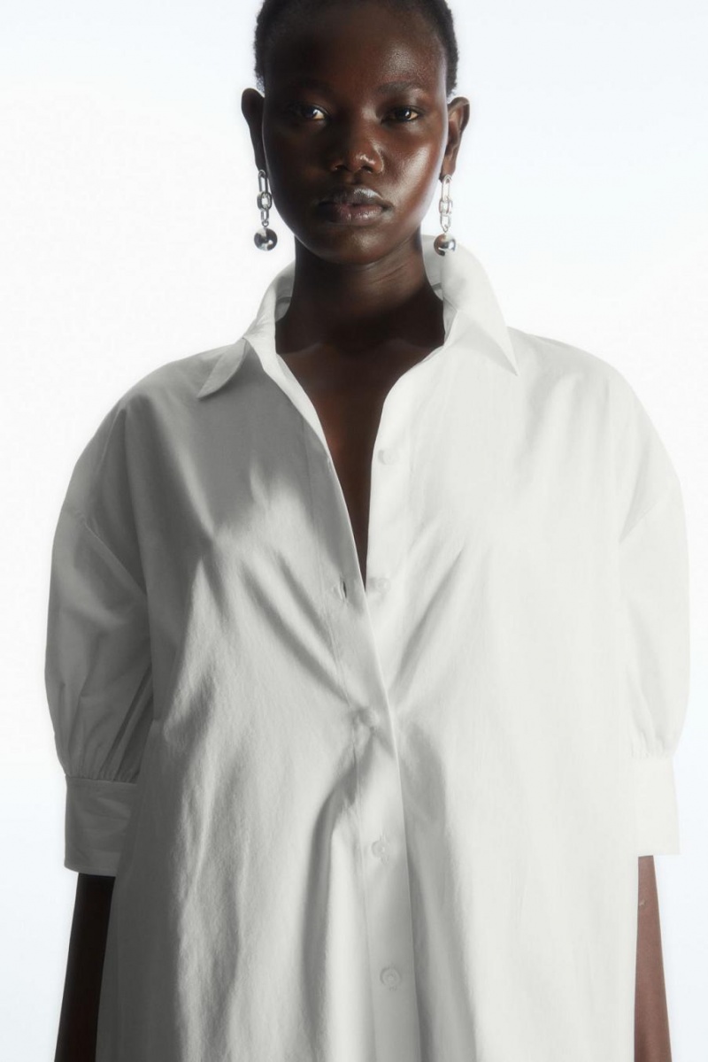 COS Gathered-sleeve Mini Shirt Ruha Női Fehér | MNQ-963128