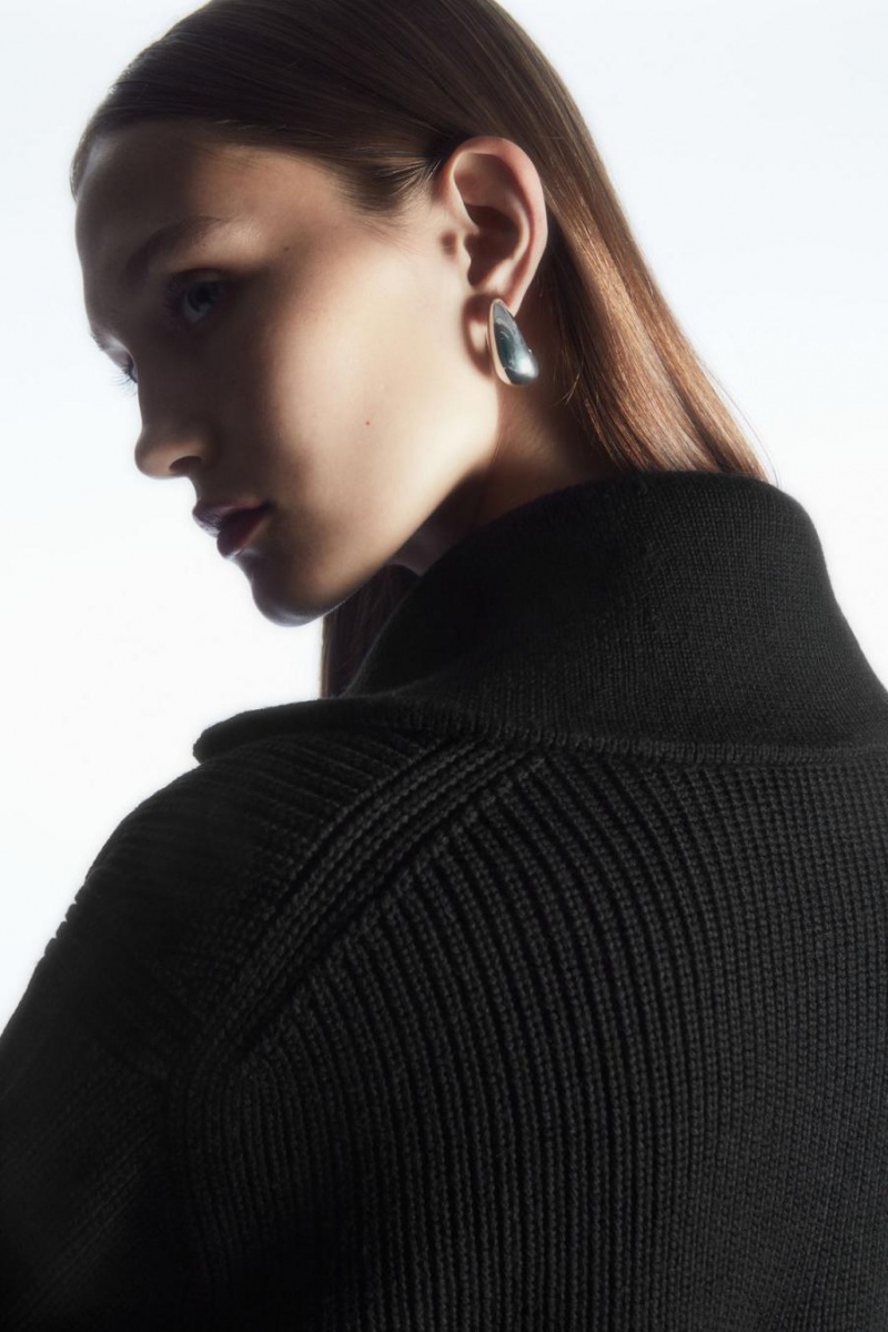 COS Gyapjú And Pamut Half-zip Jumpers Női Fekete | BPC-672853