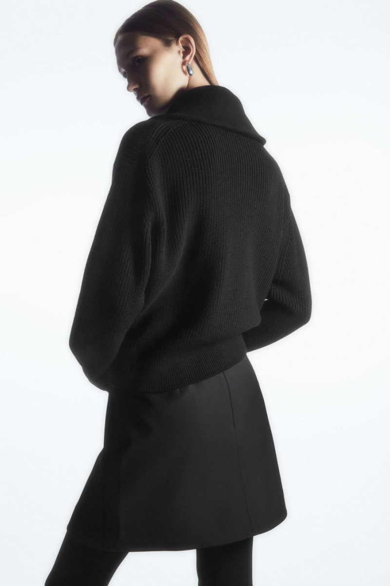 COS Gyapjú And Pamut Half-zip Jumpers Női Fekete | BPC-672853