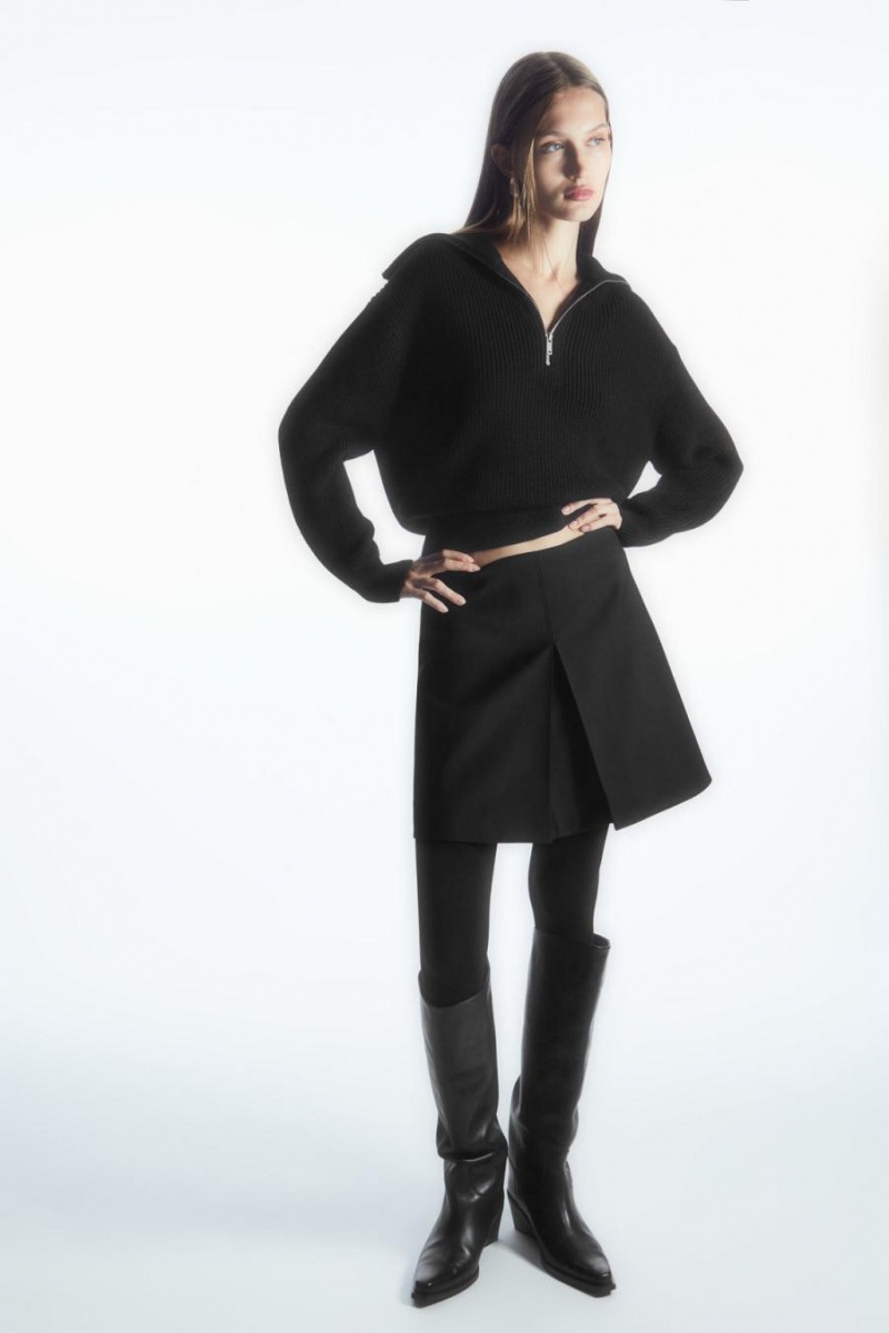 COS Gyapjú And Pamut Half-zip Jumpers Női Fekete | BPC-672853