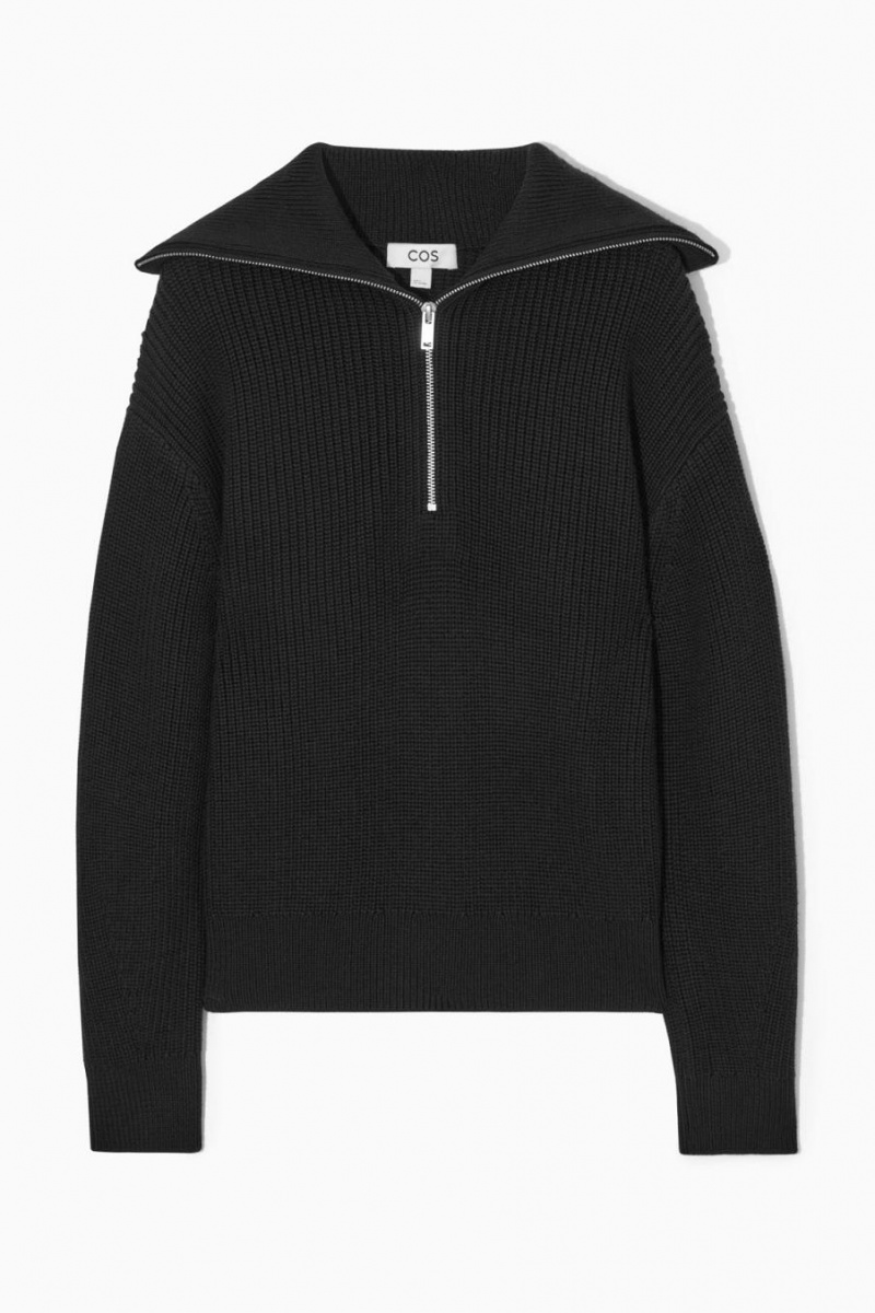 COS Gyapjú And Pamut Half-zip Jumpers Női Fekete | BPC-672853