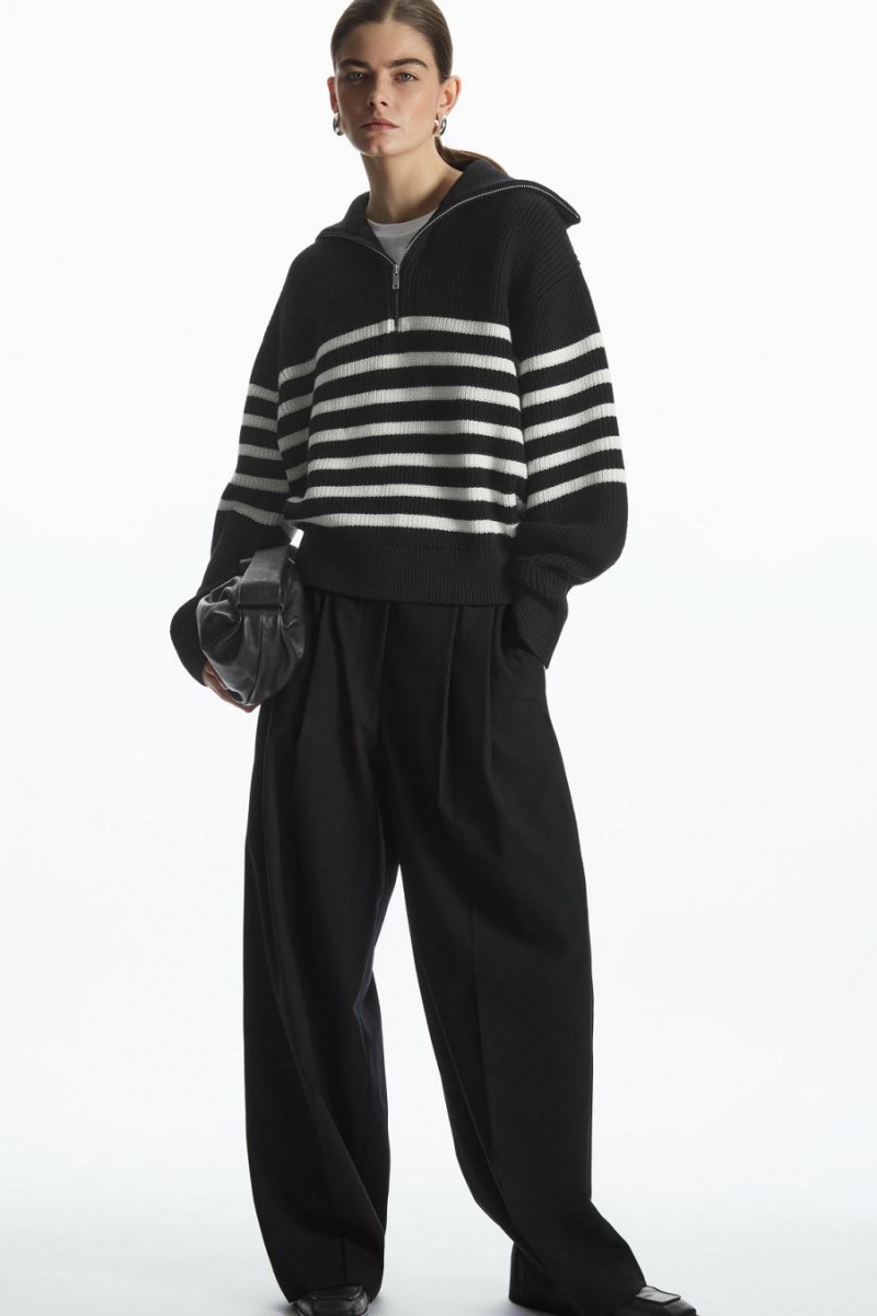 COS Gyapjú And Pamut Half-zip Jumpers Női Fekete Fehér | BJL-029158